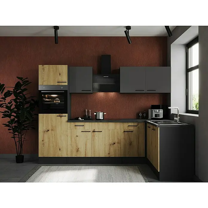 Respekta Olivia Winkelküche - 172 x 280 cm, Artisan Eiche Nachbildung/Grau, Mit Elektrogeräten - Moderne Küche mit Holz- und Anthrazitfarbenen Schränken, integriertem Ofen und einer stilvollen Dunstabzugshaube.