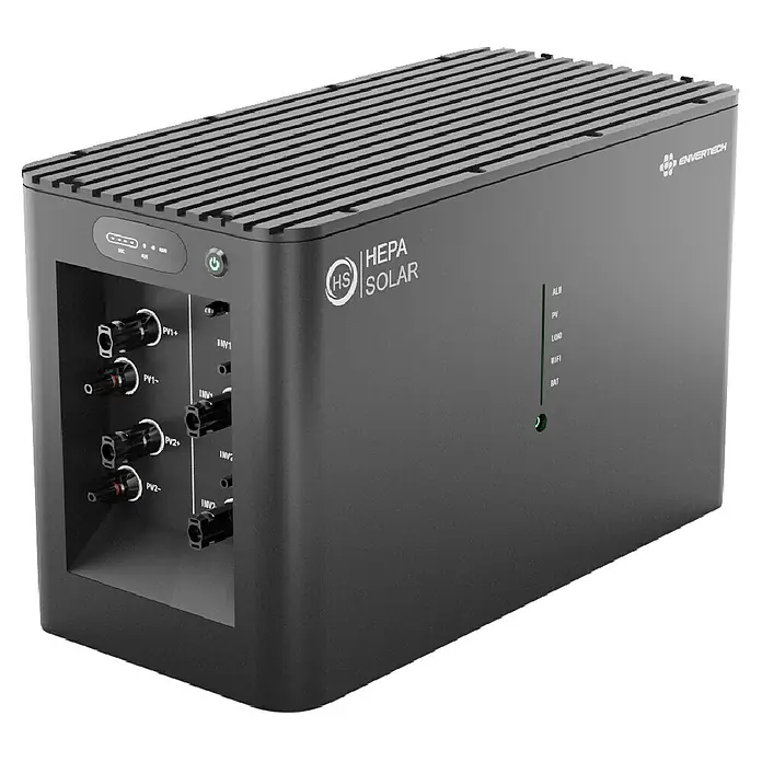 Hepa Solar Batteriespeicher Powercube 2200 - 0% MwSt. gem. § 12 Abs. 3 UStG - Nennleistung: 2.200 W - Produktansicht des HEPA Solar Wechselrichters mit Anschlüssen und Statusanzeigen. Kompakte Bauweise für Solarenergieanwendungen.