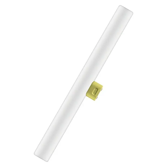 Osram Linienlampe LEDinestra - Länge: 500 mm, Warmweiß, 4,9 W, 470 lm, S14d - Das Bild zeigt eine OSRAM SubstiTUBE T8 Value LED-Röhre mit einem gelben Clip. Die Röhre ist weiß und diagonal im Bild positioniert.