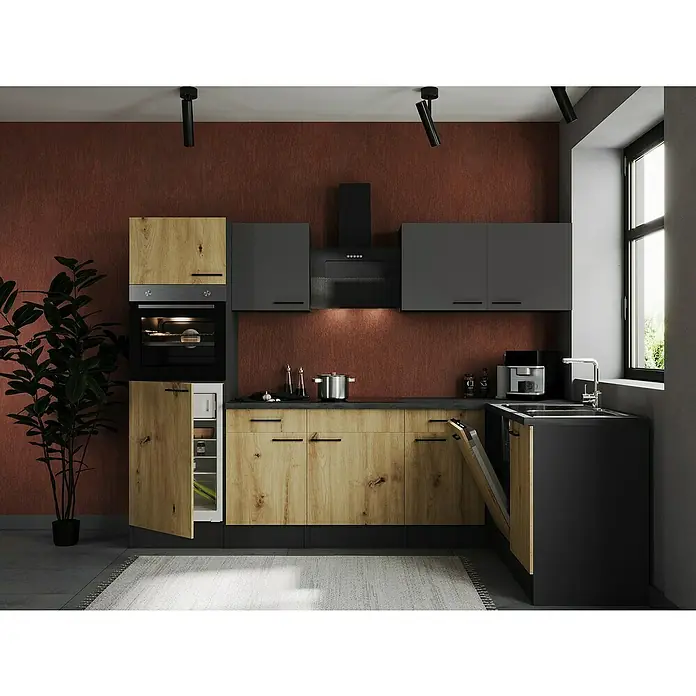 Respekta Olivia Winkelküche - 172 x 280 cm, Artisan Eiche Nachbildung/Grau, Mit Elektrogeräten - Eine moderne Küche mit Holz- und Grautönen, inklusive Einbaugeräten und minimalistischem Design, präsentiert ein stilvolles Ambiente.