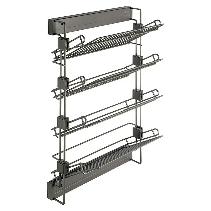Emuca Schuhregal ausziehbar - L x B x H: 75 x 46 x 32 cm, Links, Titanium - Bild eines ausziehbaren Küchenschranksystems aus Metall mit mehreren Ablagen für eine optimale Raumausnutzung.