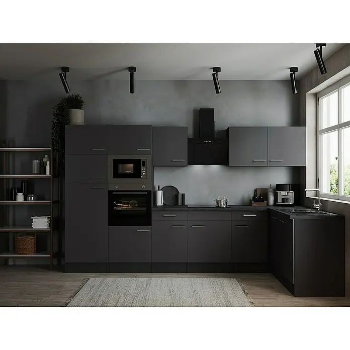Respekta Olivia Winkelküche - 172 x 340 cm, Grau, Farbe Arbeitsplatte: Granit Optik, Mit Elektrogeräten, Silberne Griffe - Moderne, graue Einbauküche mit Regalen und Spotlights. Perfekt für stilvolles Kochen und Wohnen in urbanem Ambiente.
