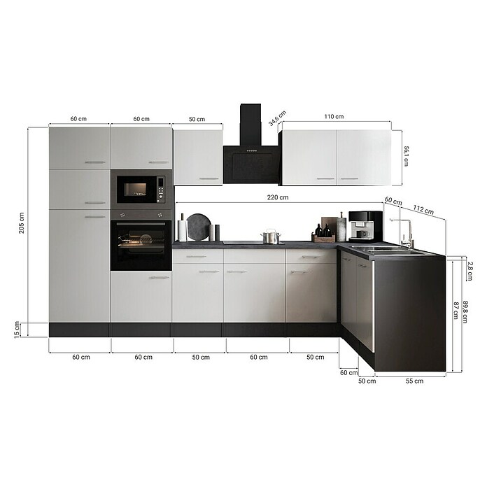 Respekta Olivia Winkelküche (172 x 340 cm, Grau, Farbe Arbeitsplatte: Granit Optik, Mit Elektrogeräten, Schwarze Griffe) | BAUHAUS