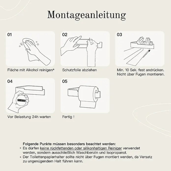 Designfabrik Hamburg Toilettenpapierhalter - Weiß, Matt - Montageanleitung für den Toilettenpapierhalter: Fläche reinigen, Schutzfolie abziehen, festdrücken, 24h warten, fertig!\n