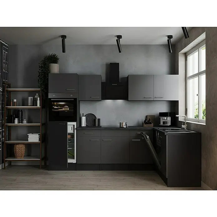 Respekta Olivia Winkelküche - 172 x 280 cm, Grau, Farbe Arbeitsplatte: Granit Optik, Mit Elektrogeräten, Silberne Griffe - Moderne Küche in Grau mit Küchenschränken, Geräten und einer offenen Spülmaschine. Eine stilvolle und funktionale Kücheneinrichtung.