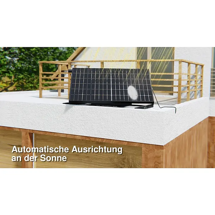 Hepa Solar Solarmodul Sunseeker - 0% MwSt. gem. § 12 Abs. 3 UStG - 440 W, L x B x H: 14,4 x 172,2 x 113,4 cm, Back Contact-Technologie (HPBC) - Das Bild zeigt ein einzelnes Solarpanel, das auf einem weißen Untergrund steht, mit Sonnenstrahlen, die darauf scheinen.