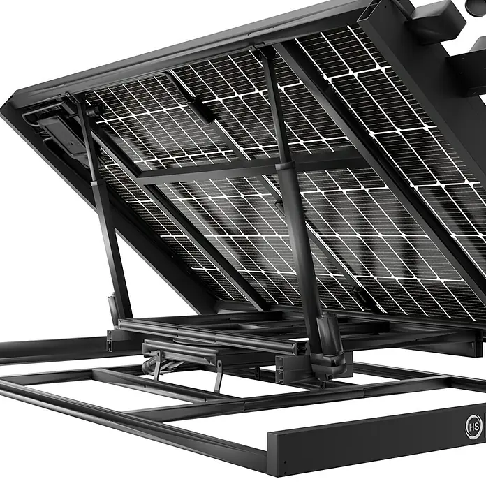 Hepa Solar Solarmodul Sunseeker - 0% MwSt. gem. § 12 Abs. 3 UStG - 440 W, L x B x H: 14,4 x 172,2 x 113,4 cm, Back Contact-Technologie (HPBC) - Hier ist das mechanische System zum Anheben eines Produkts mit einem integrierten Hydraulikzylinder dargestellt.