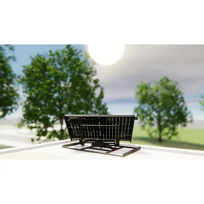 Hepa Solar Solarmodul Sunseeker - 0% MwSt. gem. § 12 Abs. 3 UStG - 440 W, L x B x H: 14,4 x 172,2 x 113,4 cm, Back Contact-Technologie (HPBC) - Ein Solarmodul, ausgerichtet zur Sonne, steht auf einem Dach mit Bäumen im Hintergrund, das Solarmodul im Fokus.