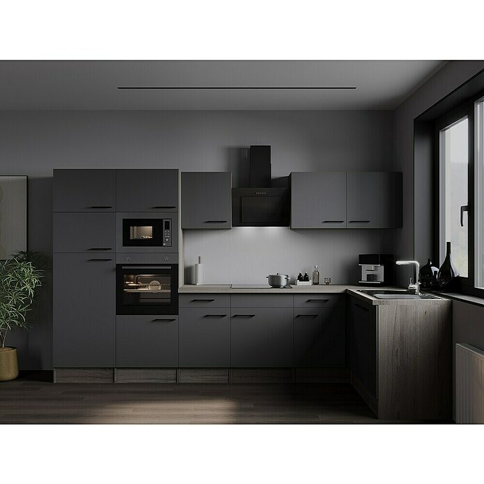 Respekta Olivia Winkelküche (172 x 340 cm, Grau, Farbe Arbeitsplatte: Eiche York Nachbildung, Mit Elektrogeräten, Schwarze Griffe) | BAUHAUS