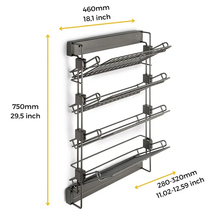 Emuca Schuhregal ausziehbar - L x B x H: 75 x 46 x 32 cm, Links, Titanium - Produktbild eines ausziehbaren Schuhregals mit vier Ebenen, das an einer Wand befestigt ist und dessen Abmessungen angegeben sind.