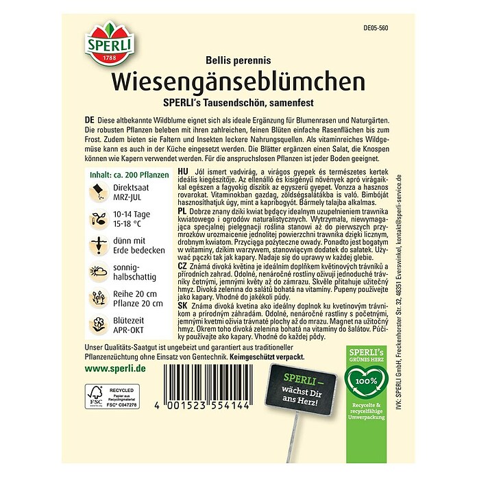 Sperli Blumensamen Wiesengänseblümchen Tausendschön (Bellis perennis, Weiß) | BAUHAUS