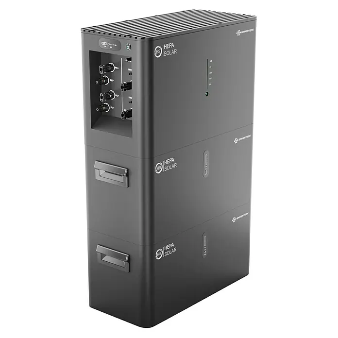 Hepa Solar Batteriespeicher Powercube 2200 - 0% MwSt. gem. § 12 Abs. 3 UStG - Nennleistung: 2.200 W - Das Bild zeigt ein HEPA Solar-Energiespeichersystem in Grau, das für erneuerbare Energielösungen konzipiert wurde.