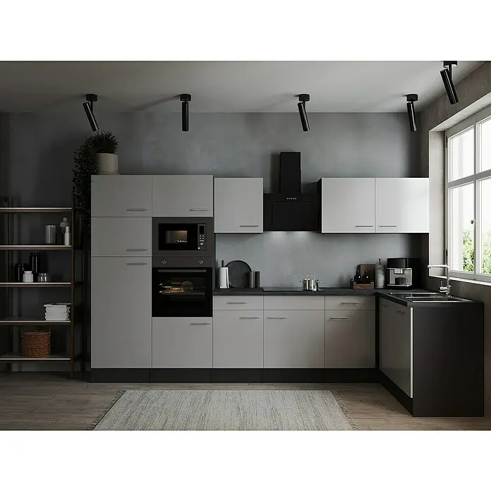 Respekta Olivia Winkelküche - 172 x 340 cm, Weiß, Mit Elektrogeräten - Moderne Küche in Grau- und Schwarztönen mit Einbaugeräten und stilvoller Beleuchtung für ein elegantes Ambiente.