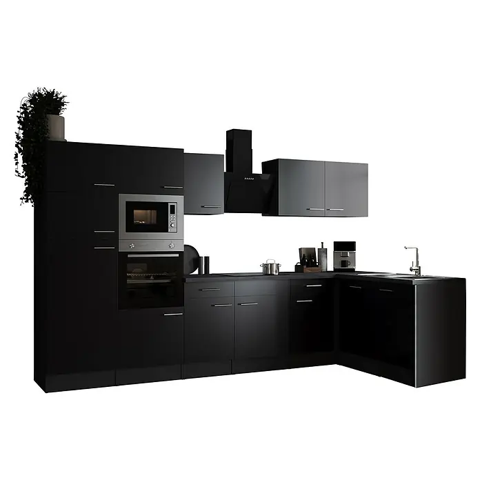 Respekta Olivia Winkelküche - 172 x 340 cm, Schwarz, Mit Elektrogeräten - Küchenzeile in Schwarz und Grau mit modernen Geräten wie Mikrowelle und Dunstabzugshaube. Stilvolles Design für die moderne Küche.