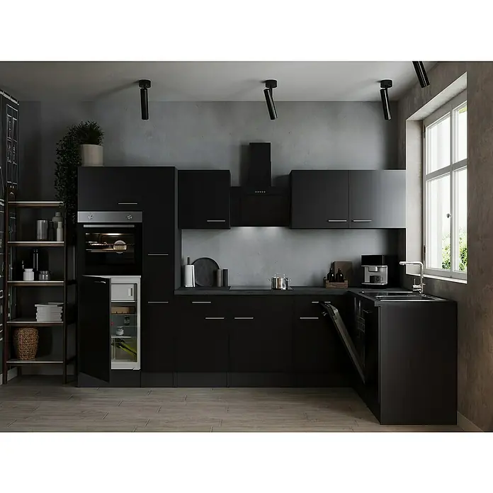 Respekta Olivia Winkelküche - 172 x 310 cm, Schwarz, Mit Elektrogeräten - Schwarze Küche mit modernen Geräten und viel Stauraum, inklusive eines eingebauten Kühlschranks und einer Spülmaschine.