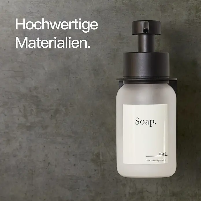 Designfabrik Hamburg Seifenspender - Edelstahl, Schwarz/Satiniertes Glas, Wandmontage - Elegante Seifenspenderflasche in mattem Glas mit schwarzem Spenderkopf. Hochwertige Materialien für Ihr Badezimmer.