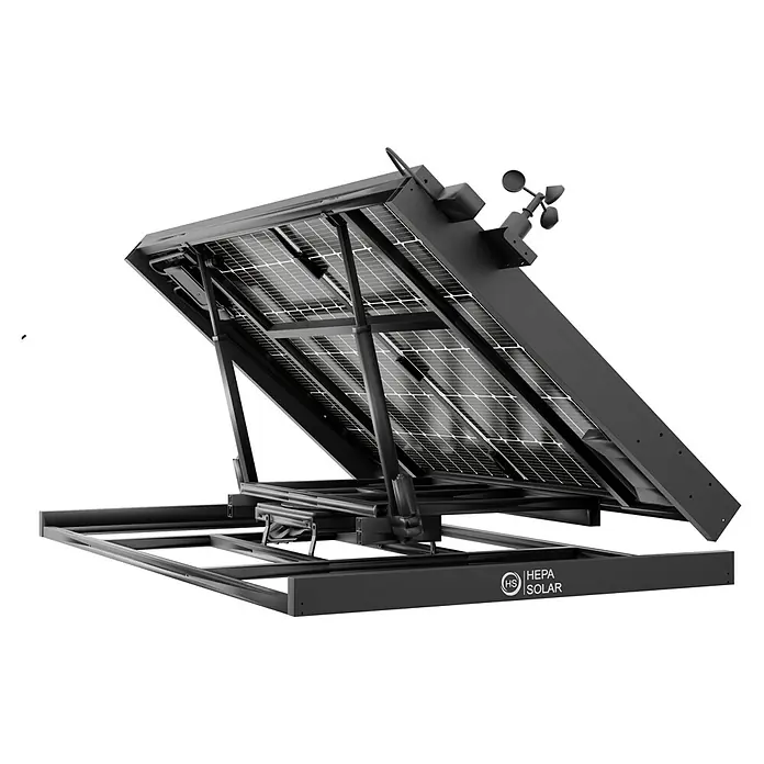 Hepa Solar Solarmodul Sunseeker - 0% MwSt. gem. § 12 Abs. 3 UStG - 440 W, L x B x H: 14,4 x 172,2 x 113,4 cm, Back Contact-Technologie (HPBC) - Eine HEPA Solar-Anlage in Schwarz, die für erneuerbare Energieerzeugung konzipiert ist, mit gut sichtbarem HEPA Solar-Logo.