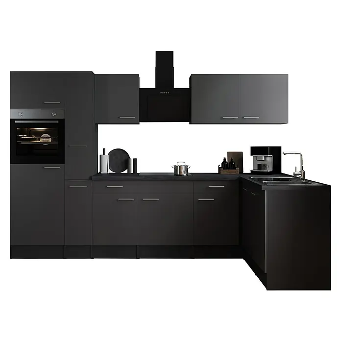 Respekta Olivia Winkelküche - 172 x 310 cm, Grau, Farbe Arbeitsplatte: Granit Optik, Mit Elektrogeräten, Silberne Griffe - Moderne Küchenzeile in Anthrazit mit integriertem Backofen und Dunstabzugshaube, perfekt für stilvolle Kocherlebnisse.