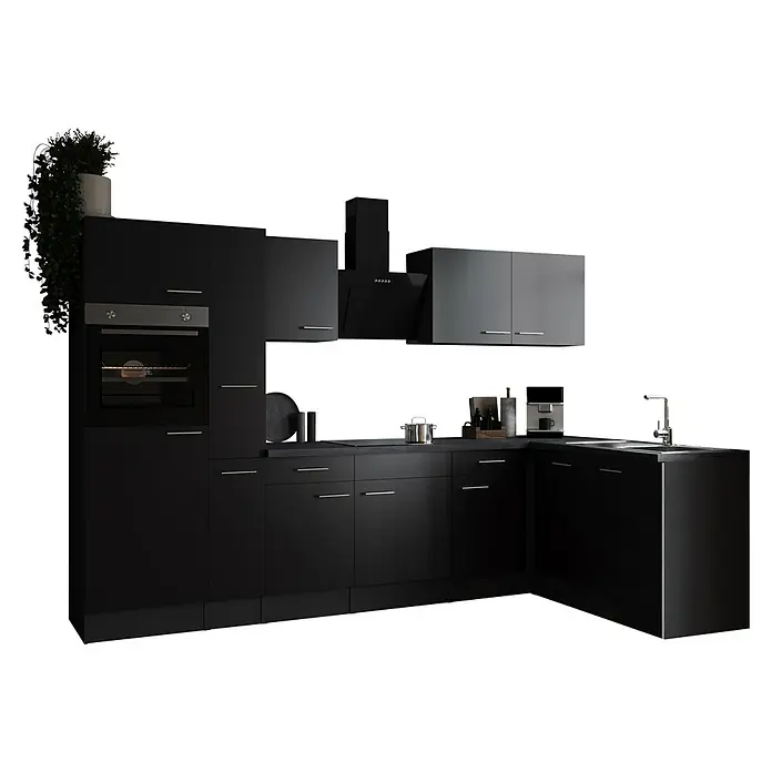 Respekta Olivia Winkelküche - 172 x 310 cm, Schwarz, Mit Elektrogeräten - Elegante schwarze Küche mit modernen Geräten und schlichtem Design. Die Küchenzeile bietet viel Stauraum und Arbeitsfläche für kulinarische Genüsse.