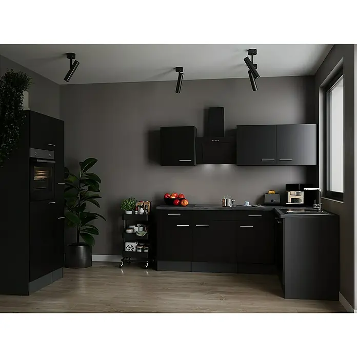 Respekta Olivia Winkelküche - 172 x 310 cm, Schwarz, Mit Elektrogeräten - Elegante schwarze Küche mit modernen Geräten und stilvoller Beleuchtung. Die dunkle Farbpalette verleiht dem Raum eine raffinierte Note.