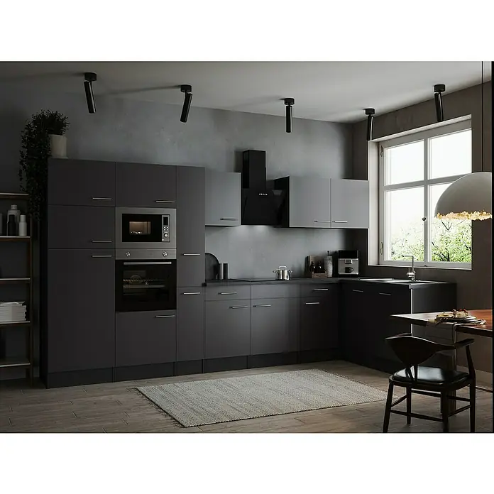 Respekta Olivia Winkelküche - 172 x 370 cm, Grau, Farbe Arbeitsplatte: Granit Optik, Mit Elektrogeräten, Silberne Griffe - Elegante graue Küche mit modernen Geräten und minimalistischem Design, die Funktionalität und Stil vereint.
