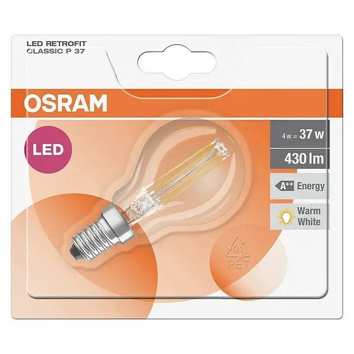 Osram Retrofit LED-Lampe Tropfenform E14 klar - E14, Nicht Dimmbar, Warmweiß, 470 lm, 4 W, 1 Stk. - LED-Retrofit-Glühbirne Classic P 37 von Osram: 4W LED entspricht 37W, 430 Lumen, A++ Energieeffizienz, warmweißes Licht für angenehme Atmosphäre.