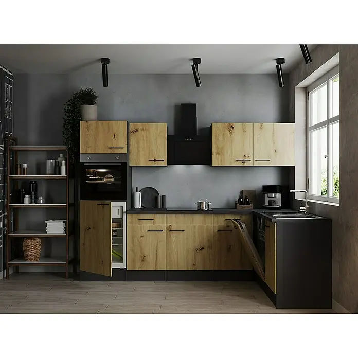 Respekta Olivia Winkelküche - 172 x 280 cm, Artisan Eiche Nachbildung, Mit Elektrogeräten - Küchenaufnahme mit schwarzen Akzenten und Holzschrankfronten. Elegantes Design für moderne Wohnräume.