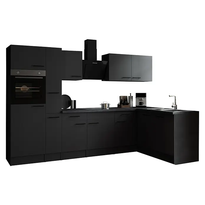Respekta Olivia Winkelküche - 172 x 310 cm, Grau, Farbe Arbeitsplatte: Granit Optik, Mit Elektrogeräten, Schwarze Griffe - Schwarze Küche mit Einbaugeräten. Die moderne Küchenzeile umfasst Schränke, Dunstabzugshaube, Spüle und eine Arbeitsfläche.