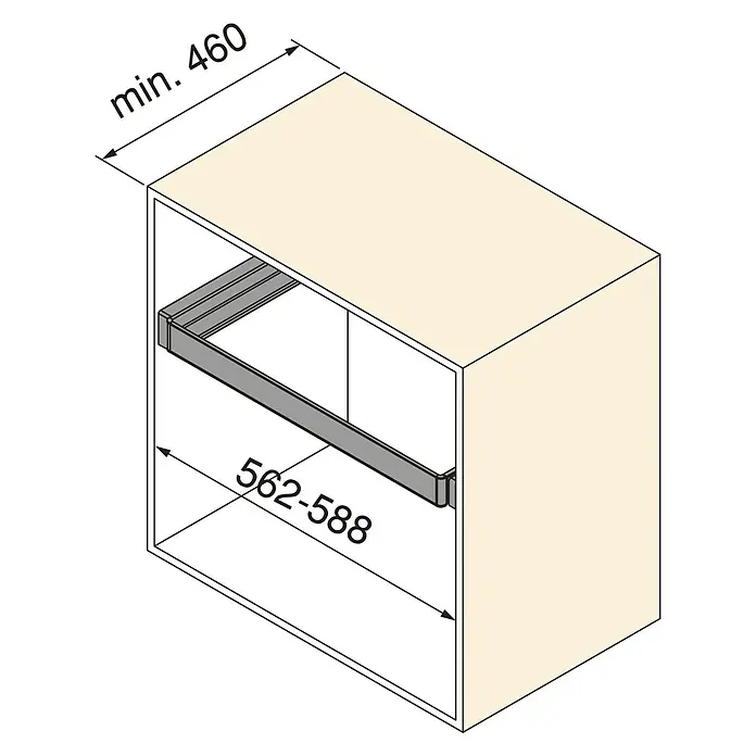 Emuca Hosenhalter Quartz - Metall, Titanium - Eine Abbildung eines Küchenschranks mit den Mindestmaßen 460 mm Breite und 562-588 mm Höhe für den Einbau einer Kücheneinrichtung.