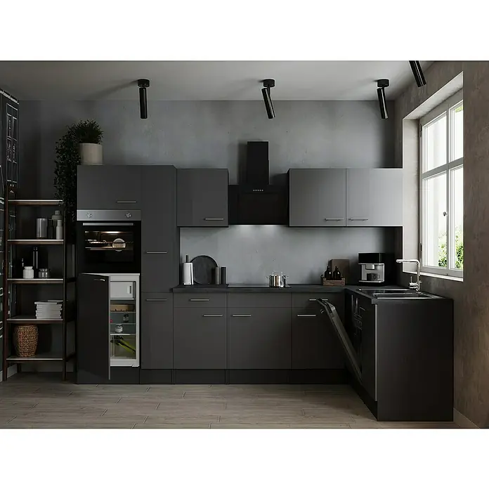 Respekta Olivia Winkelküche - 172 x 310 cm, Grau, Farbe Arbeitsplatte: Granit Optik, Mit Elektrogeräten, Silberne Griffe - Moderne Küche in Grau mit Einbaugeräten, minimalistischem Design und heller Fensterfront für eine freundliche Atmosphäre.