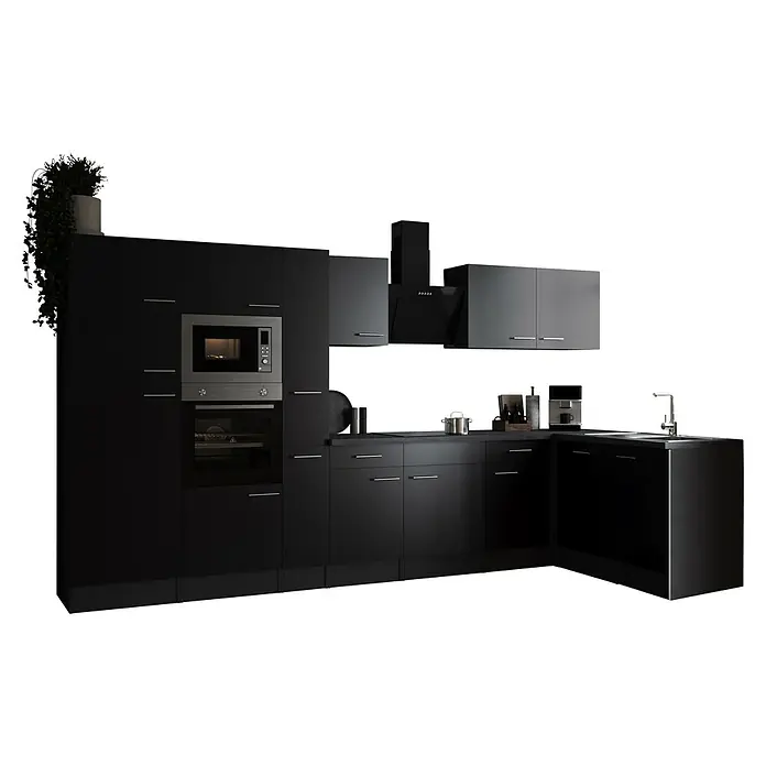 Respekta Olivia Winkelküche - 172 x 370 cm, Schwarz, Mit Elektrogeräten - Das Bild zeigt eine moderne, dunkle Küche mit Einbaugeräten und minimalistischem Design. Die Küchenschränke sind schlicht und elegant.