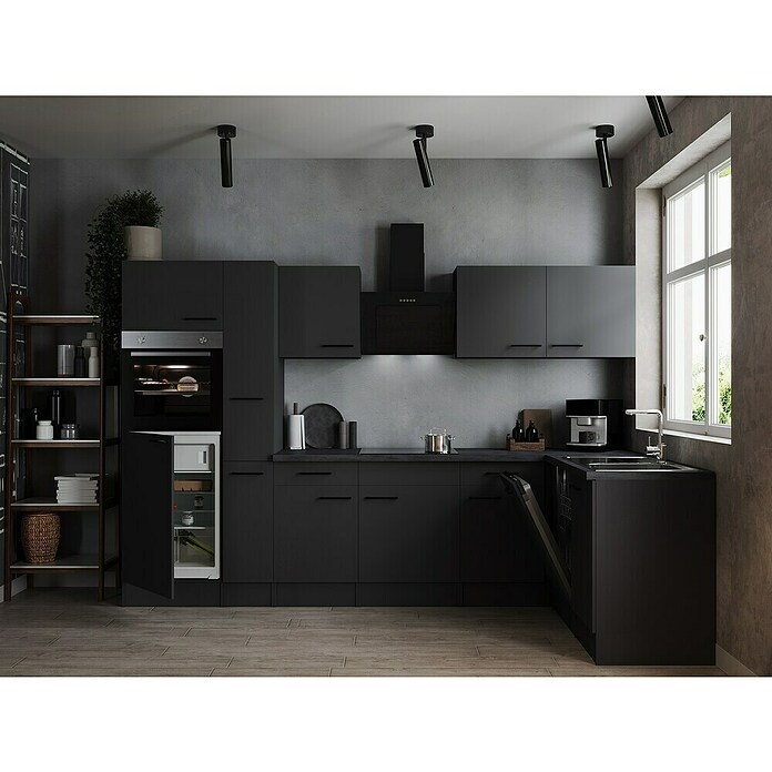 Respekta Olivia Winkelküche (172 x 310 cm, Grau, Farbe Arbeitsplatte: Granit Optik, Mit Elektrogeräten, Schwarze Griffe) | BAUHAUS