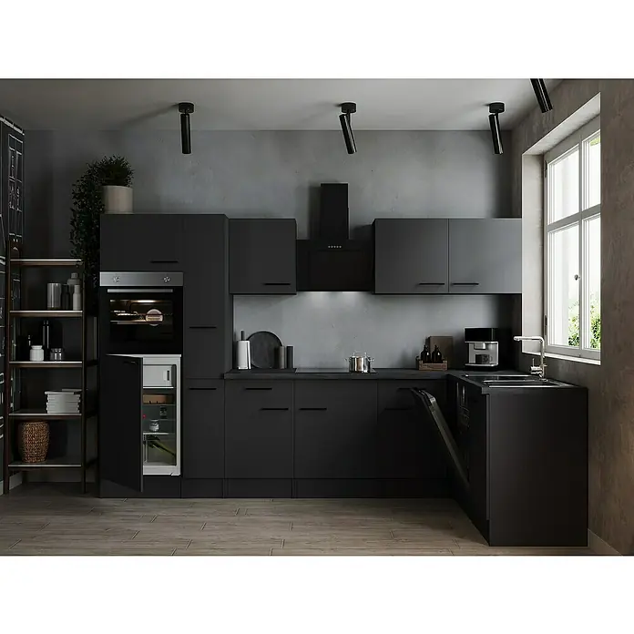 Respekta Olivia Winkelküche - 172 x 310 cm, Grau, Farbe Arbeitsplatte: Granit Optik, Mit Elektrogeräten, Schwarze Griffe - Moderne schwarze Küche mit minimalistischem Design, Einbauschränken und Edelstahlgeräten für einen eleganten Look.