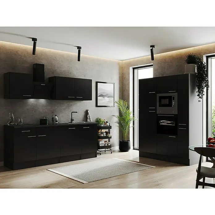 Respekta Olivia Küchenzeile - Breite: 370 cm, Schwarz, Mit Elektrogeräten - Moderne Küche mit schwarzen Schränken, Geräten und Arbeitsplatten, die ein elegantes und zeitgemäßes Design bieten.
