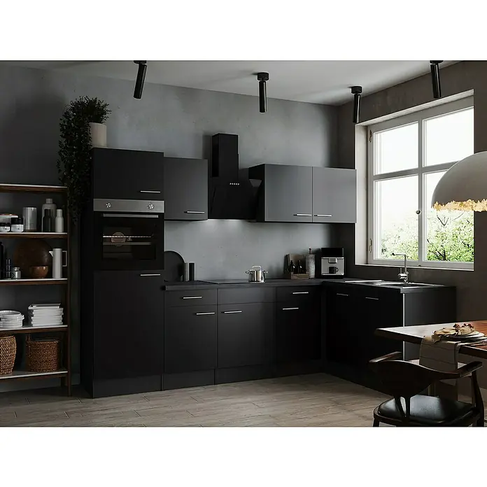Respekta Olivia Winkelküche - 172 x 280 cm, Schwarz, Mit Elektrogeräten - Moderne schwarze Küche mit integrierten Geräten und einer stilvollen Regalwand. Das Design bietet eine elegante und funktionale Raumlösung.