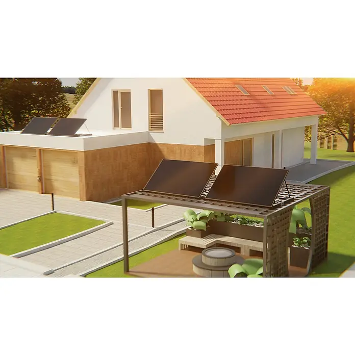 Hepa Solar Balkonkraftwerk Premium - 0% MwSt. gem. § 12 Abs. 3 UStG - 800 W, L x B x H: 184 x 120 x 10 cm, Back Contact-Technologie (HPBC) - Haus mit Solarpanelen auf dem Dach und einem Garten mit Pergola und weiteren Solarpanelen. Moderne Energiegewinnung für ein nachhaltiges Zuhause.