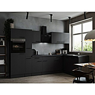Respekta Olivia Winkelküche (172 x 310 cm, Grau, Farbe Arbeitsplatte: Granit Optik, Mit Elektrogeräten, Schwarze Griffe)