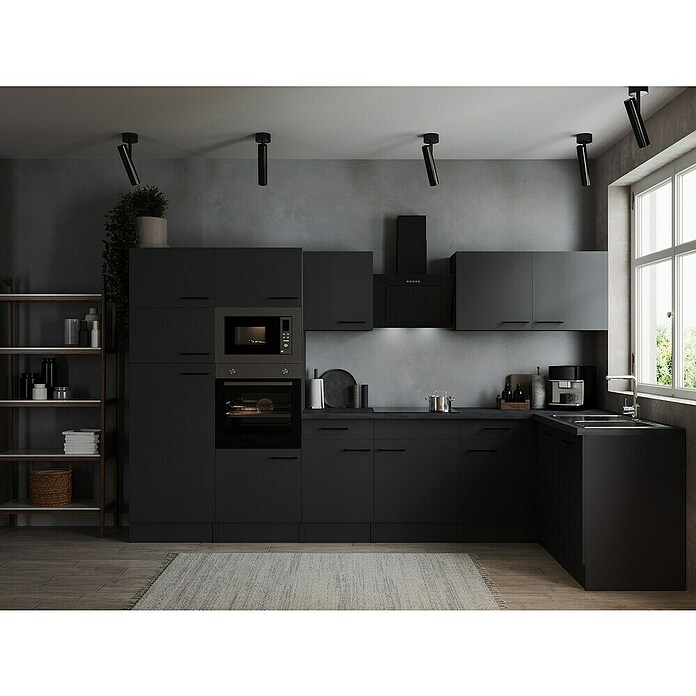 Respekta Olivia Winkelküche (172 x 340 cm, Grau, Farbe Arbeitsplatte: Granit Optik, Mit Elektrogeräten, Schwarze Griffe) | BAUHAUS
