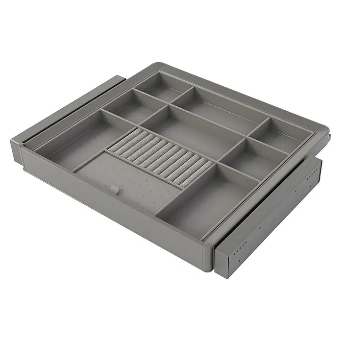 Emuca Schrank-Organisator Quartz - Breitenverstellung: 562 mm - 688 mm, Höhe: 66 mm, Traglast: 30 kg - Schublade mit Fächern zur Aufbewahrung von Schmuck und anderen kleinen Gegenständen, ideal für Schlafzimmer oder Badezimmer.