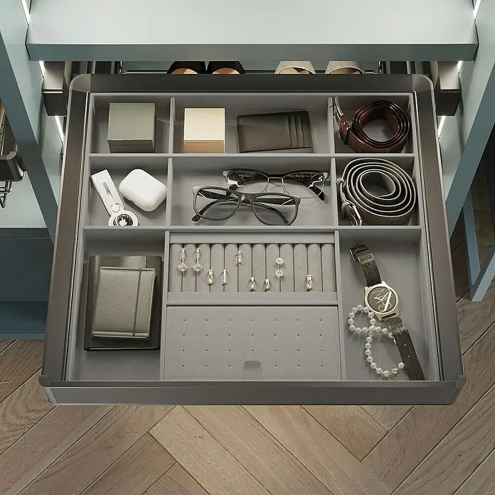 Emuca Schrank-Organisator Quartz - Breitenverstellung: 562 mm - 688 mm, Höhe: 66 mm, Traglast: 30 kg - Schublade mit Organizer für Accessoires wie Uhren, Schmuck, Brillen und Gürtel. Praktische Aufbewahrungslösung für den Kleiderschrank.