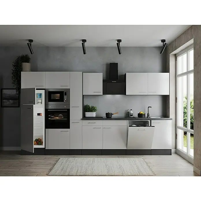 Respekta Olivia Küchenzeile - Breite: 370 cm, Weiß, Mit Elektrogeräten - Helle Küche mit modernen Geräten. Der offene Kühlschrank gibt den Blick auf frisches Obst frei, während der Geschirrspüler eine einfache Reinigung verspricht.