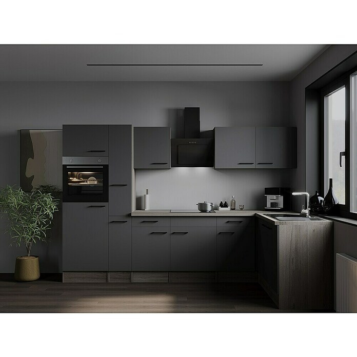 Respekta Olivia Winkelküche (172 x 310 cm, Grau, Farbe Arbeitsplatte: Eiche York Nachbildung, Mit Elektrogeräten, Schwarze Griffe) | BAUHAUS