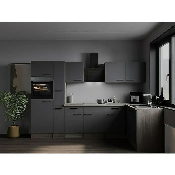 Respekta Olivia Winkelküche - 172 x 310 cm, Grau, Farbe Arbeitsplatte: Eiche York Nachbildung, Mit Elektrogeräten, Schwarze Griffe - Moderne graue Küche mit Einbaubackofen, Dunstabzugshaube, Spüle und Dekoration. Ein stilvolles Küchendesign für modernes Wohnen.
