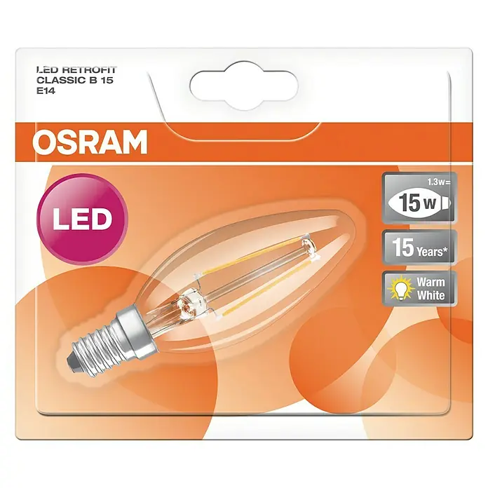 Osram LED-Lampe Kerzenform E14 matt - E14, Nicht Dimmbar, Warmweiß, 136 lm, 1,2 W - Bild einer OSRAM LED Retrofit Classic B 15 E14 Glühbirne in der Verpackung, die Energieeffizienz und lange Lebensdauer verspricht.