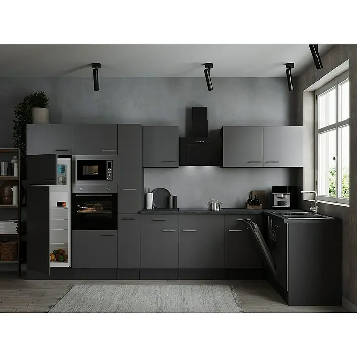 Respekta Olivia Winkelküche - 172 x 370 cm, Grau, Farbe Arbeitsplatte: Granit Optik, Mit Elektrogeräten, Silberne Griffe - Küchenzeile in Grau mit integrierten Geräten wie Kühlschrank, Ofen und Spülmaschine, die ein modernes Küchendesign präsentiert.