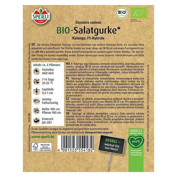 Sperli Gemüsesamen BIO-Salatgurke Kalunga - Cucumis sativus, Erntezeit: Juli - Samenpackung der Bio-Salatgurke 'Kalunga' von Sperli, einer resistenten und bitterfreien Sorte für Gewächshäuser.