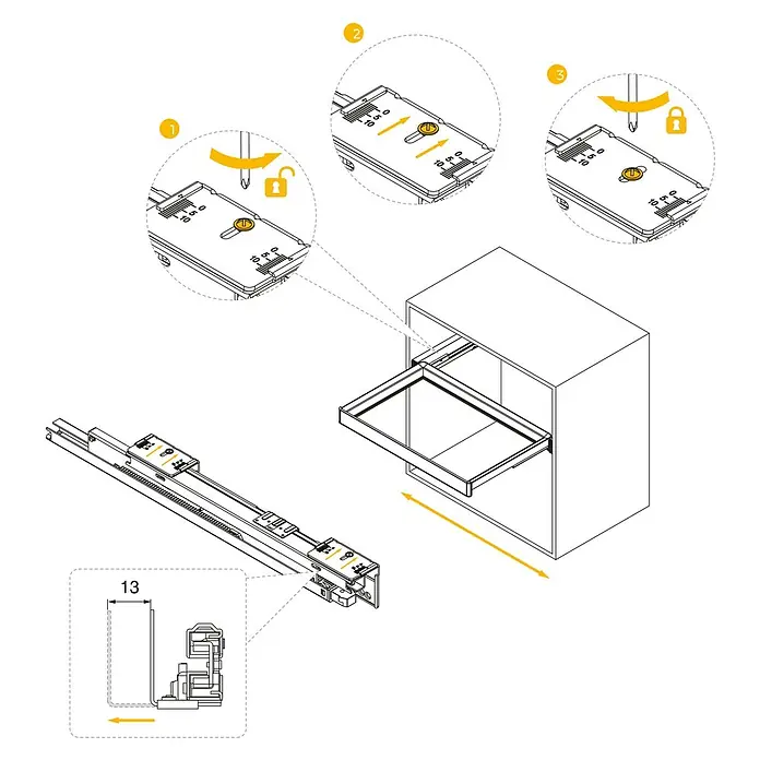 Emuca Schrank-Organisator Quartz - Breitenverstellung: 562 mm - 688 mm, Höhe: 66 mm, Traglast: 30 kg - Eine Zeichnung zeigt die Installation einer Schublade mit Schienen, inklusive Anweisungen zur Justierung und Befestigung.