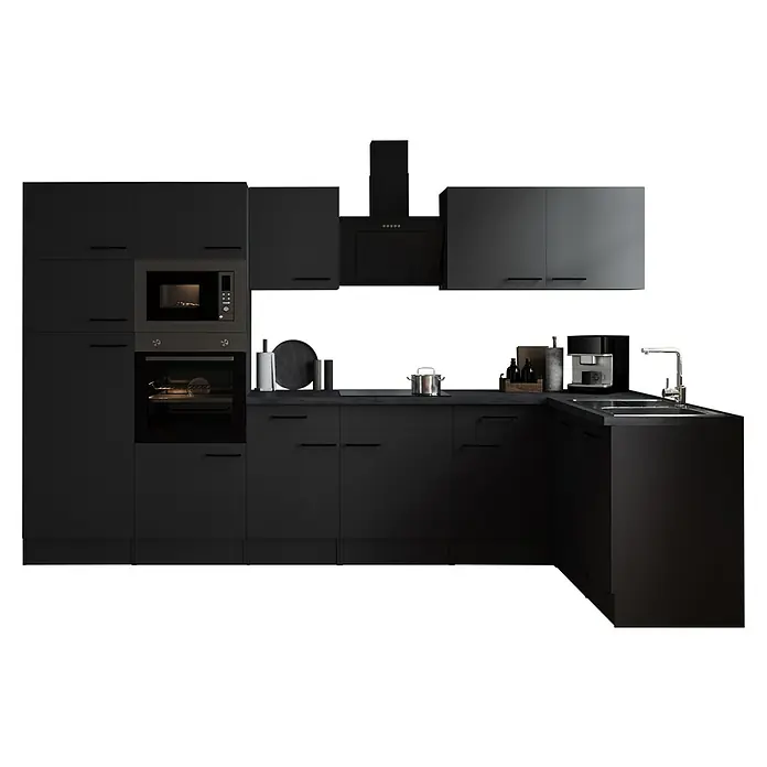 Respekta Olivia Winkelküche - 172 x 340 cm, Grau, Farbe Arbeitsplatte: Granit Optik, Mit Elektrogeräten, Schwarze Griffe - Elegantes Küchenset in Mattschwarz. Die moderne Küchenzeile umfasst Hängeschränke, einen Backofen, eine Mikrowelle und eine Dunstabzugshaube.