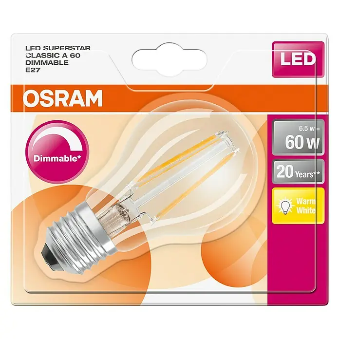 Osram LED-Lampe Glühlampenform E27 - E27, Dimmbar, Warmweiß, 806 lm, 7 W - Produktverpackung einer dimmbaren Osram LED Superstar Classic A 60 E27 Glühbirne, die warmweißes Licht erzeugt und eine Lebensdauer von 20 Jahren hat.