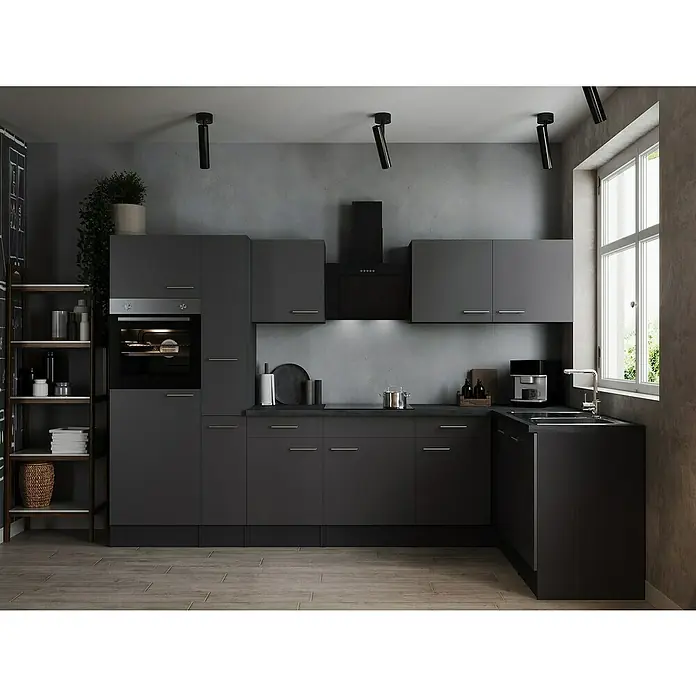 Respekta Olivia Winkelküche - 172 x 310 cm, Grau, Farbe Arbeitsplatte: Granit Optik, Mit Elektrogeräten, Silberne Griffe - Eine moderne, graue Küche mit schwarzen Akzenten und viel Stauraum. Die Küche ist stilvoll eingerichtet und bietet viel Arbeitsfläche.